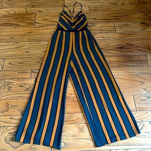 Favlux long pant jumpsuit. Green and copper/goldish stripes